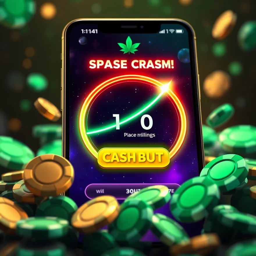 Celular com tela de rodada crash, botao de retirar em destaque, fundo com fichas verdes e amarelas.