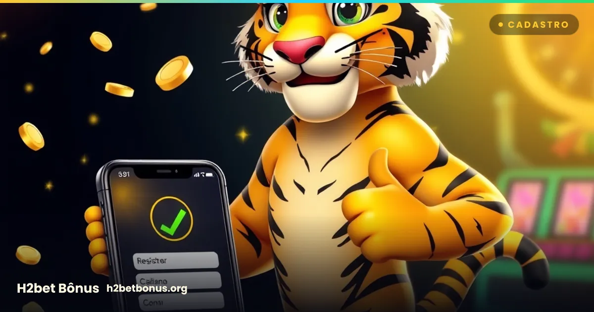 Mascote tigre da H2bet com celular mostrando o cadastro aprovado e moedas — bônus de cadastro