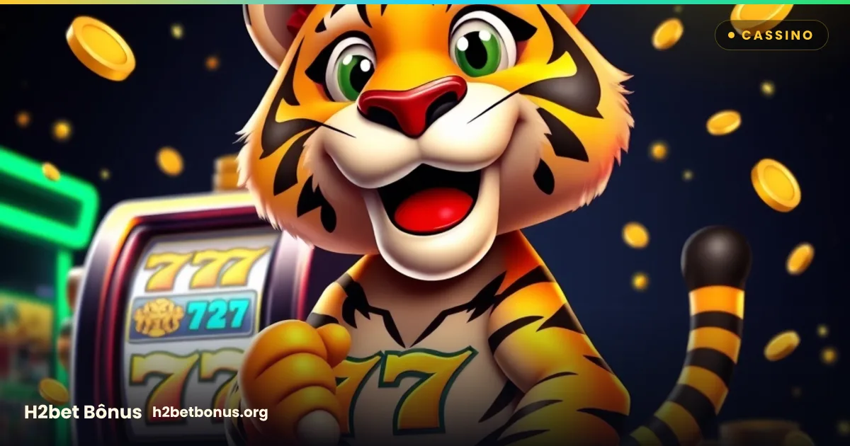 Mascote tigre da H2bet em uma máquina caça-níquel com 777 e moedas — bônus de cassino