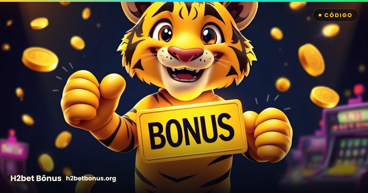 Mascote tigre da H2bet segurando um cupom de código de bônus dourado com moedas
