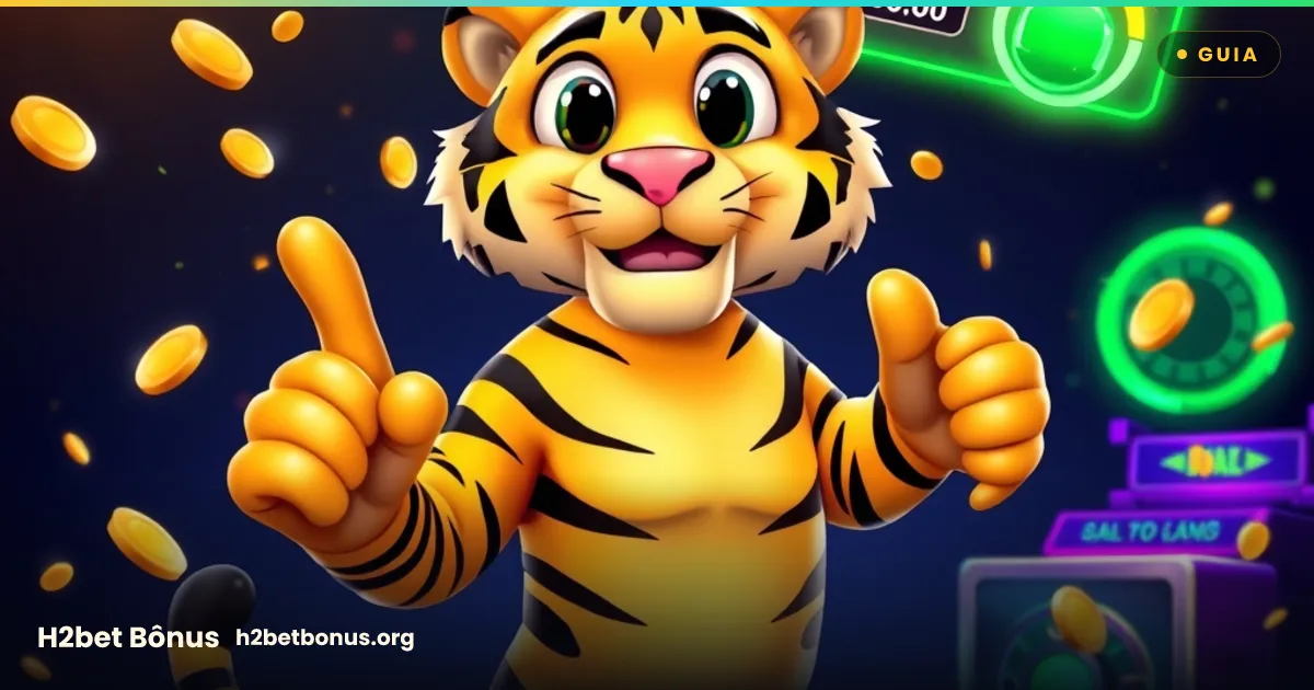 Mascote tigre da H2bet apontando para um infográfico de rollover com moedas e cofre verde