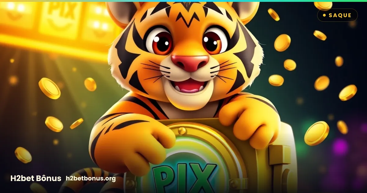 Mascote tigre da H2bet abraçando um cofre dourado com símbolo do Pix e notas voando — sacar bônus