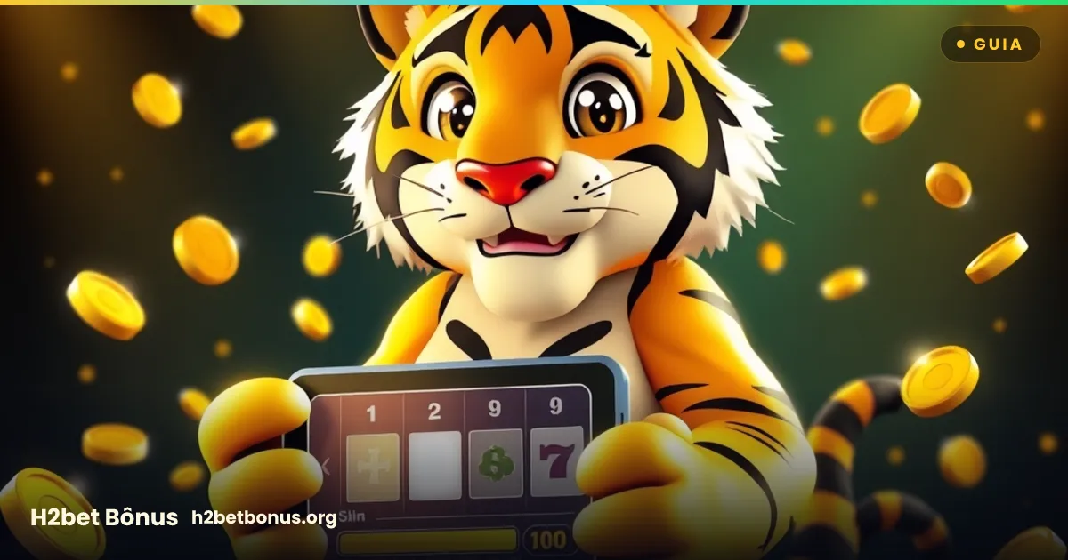 Mascote tigre da H2bet jogando um slot no celular com barra de progresso e moedas