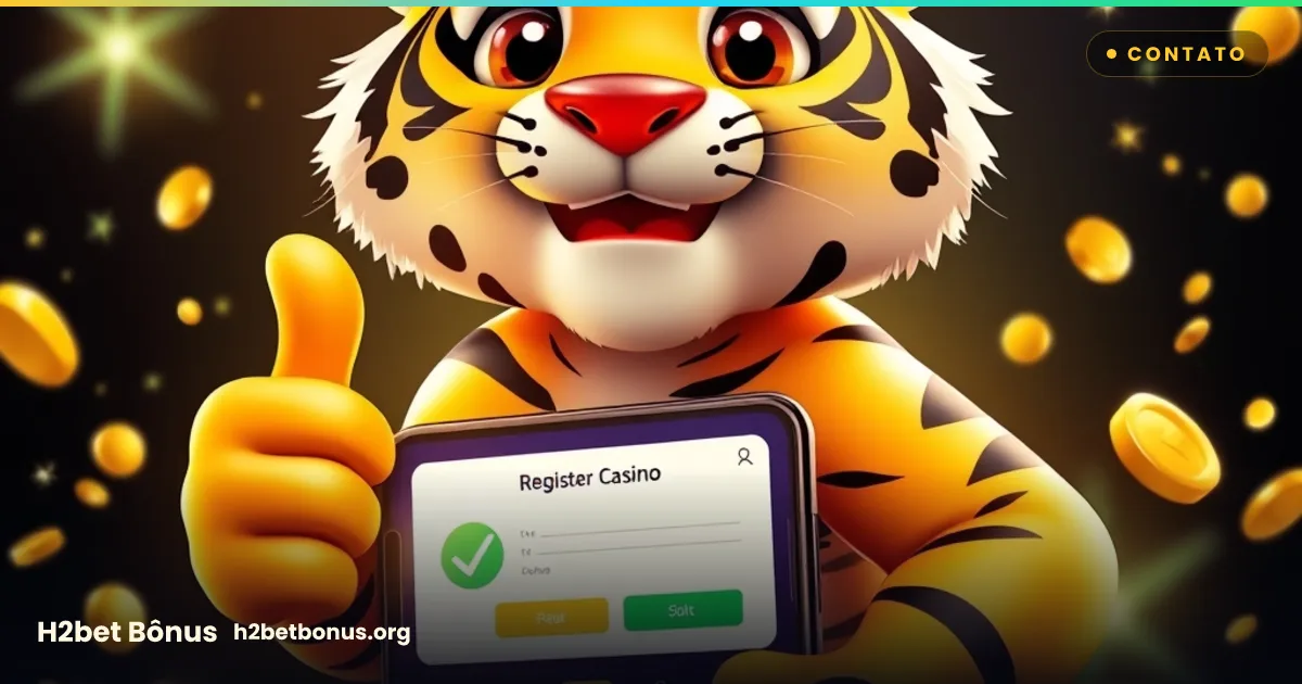 Mascote tigre da H2bet com headset e balão de chat, atendimento amigável