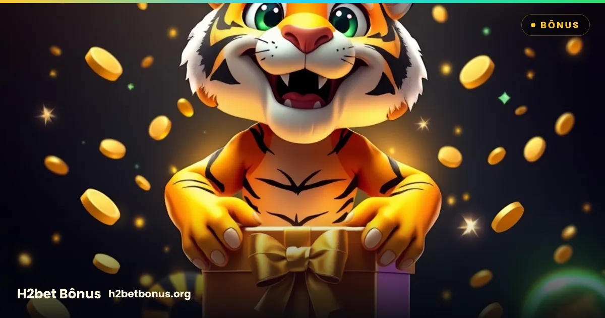 Mascote tigre dourado da H2bet abrindo um baú de bônus com moedas e confete — bônus H2bet