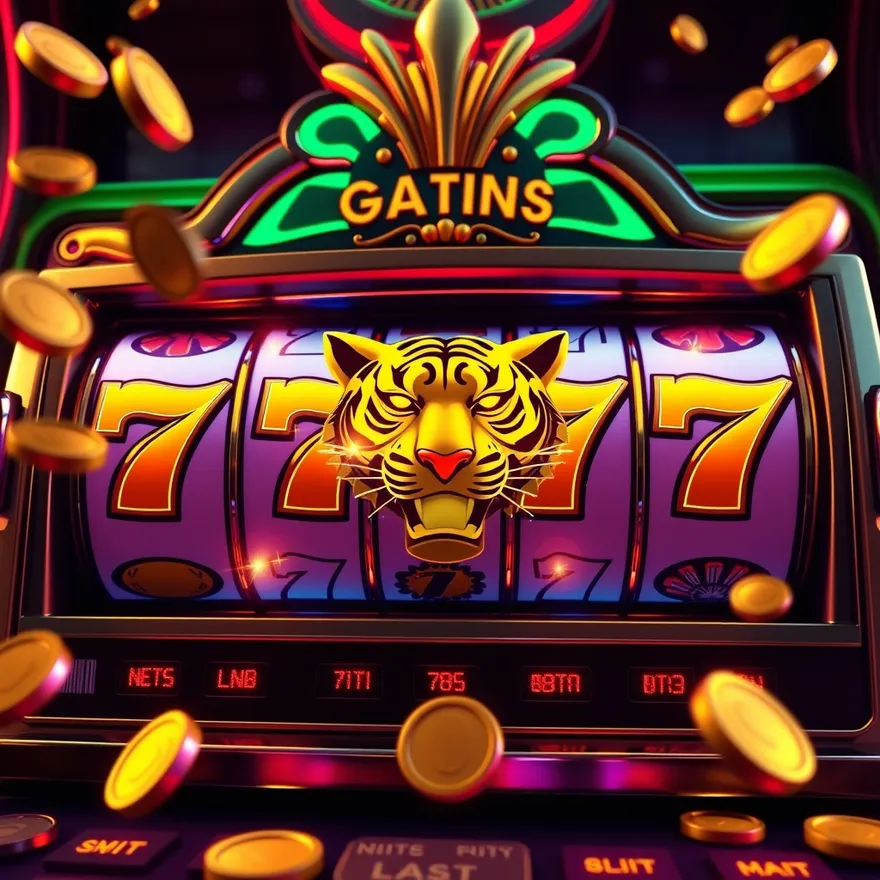 caça-níqueis com contador de jackpot brilhando em dourado no topo, moedas caindo e mascote comemorando, estilo neon de cassino
