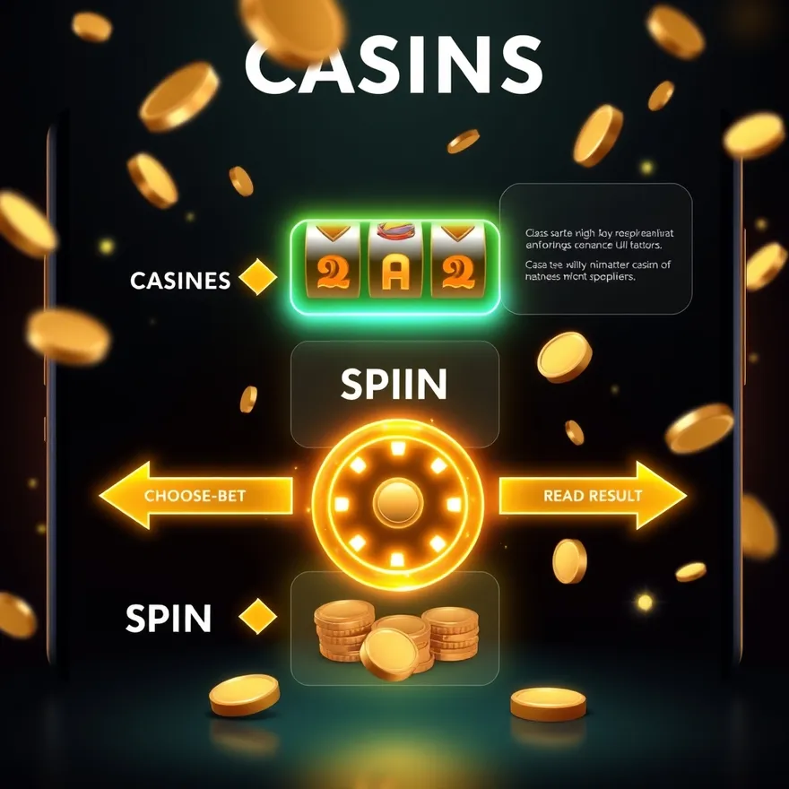 Infografico com tres passos: escolher aposta, girar, ler resultado; usando estilo de cassino mobile.