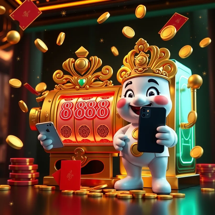 Mascote da sorte ao lado do slot dourado Double Fortune com moedas e celular