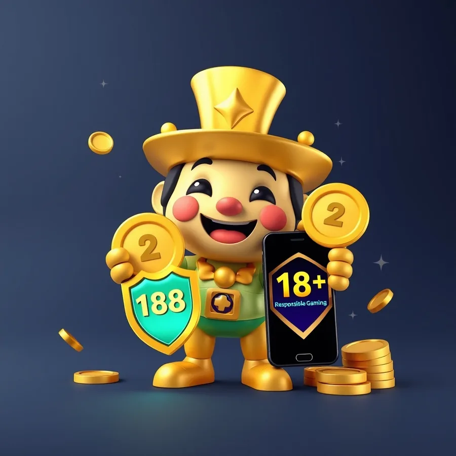 Personagem da sorte com duas moedas, celular e selo de jogo responsável 18+