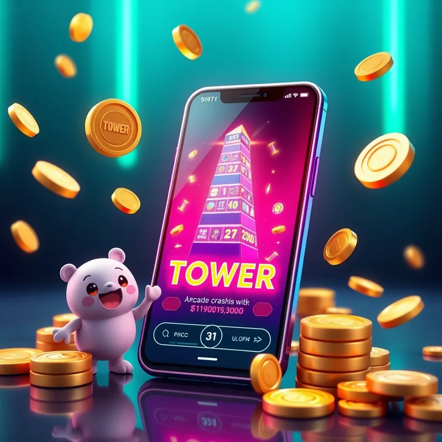 Celular mostrando o jogo Tower com a torre e o multiplicador subindo, mascote ao lado